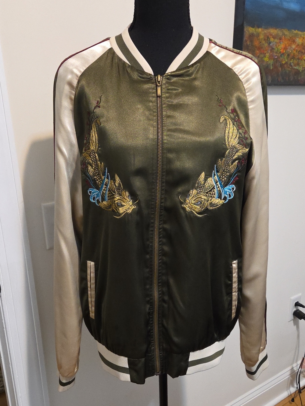 Olive Satin Sukujan Style Embroidered Bomber Jacket